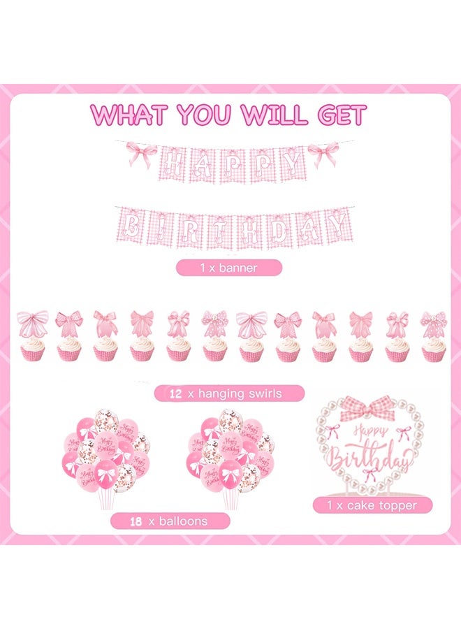 32 Pcs Pink Bow Themed Happy Birthday Party Decorations set, Happy Birthday Banner Hanging Swirls Balloons Cake Toppers Supplies Decor - Image 3